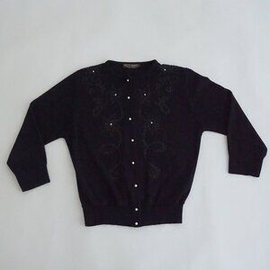 Vintage Kitty Hawk Black Beaded Floral Vine Pearl Buttons Embellished Cardigan M